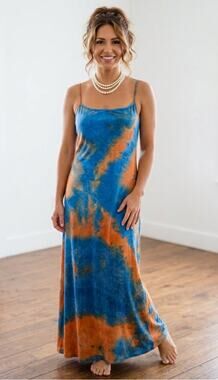 Suzzi Tie Dye Maxi Dress Large Blue Orange Boho Adjustable Strap L